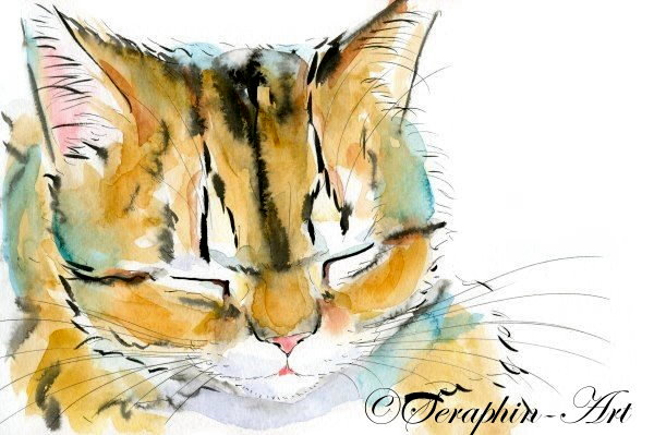 Schlafende Katze Aquarell Zeichnung