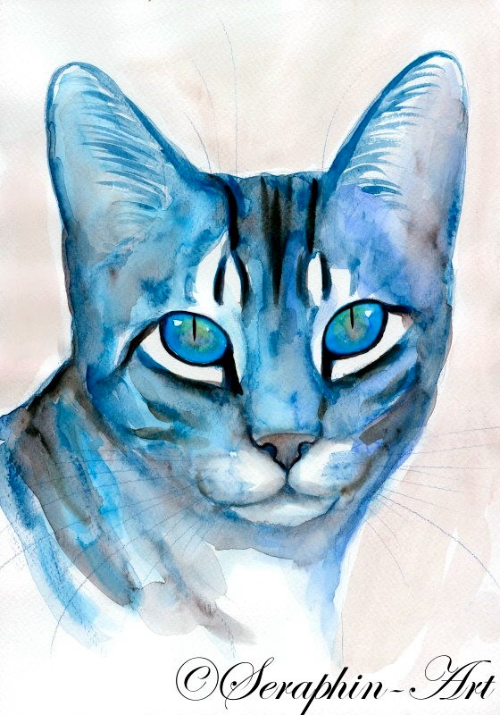 Blaue Katze Aquarell Zeichnung